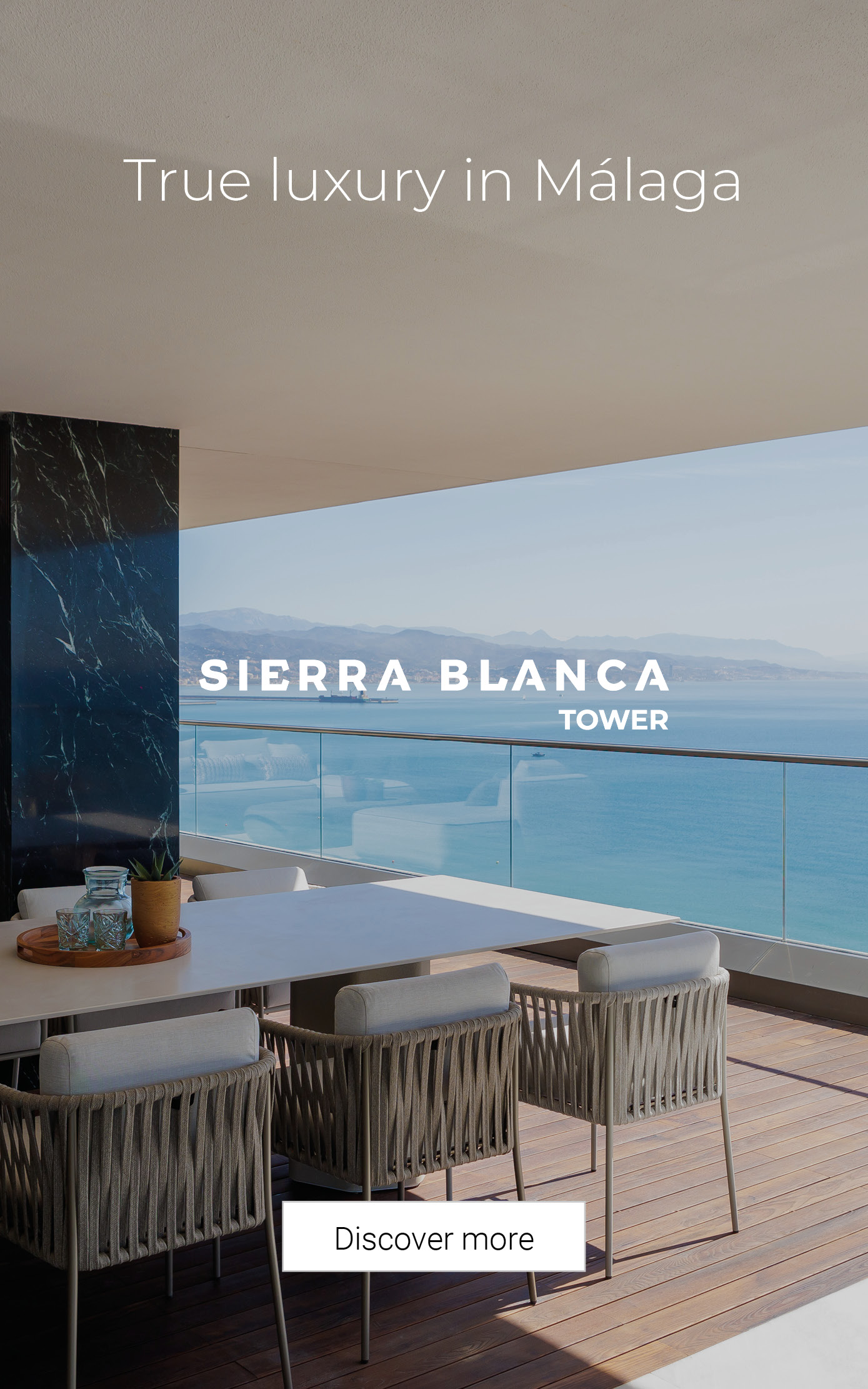 Malaga's first ultra-luxury residences. Sierra Blanca Tower is located on Paseo Marítimo Antonio Banderas, the seafront boulevard in west Malaga that skirts a residential area undergoing significant re-development. The tower sits on a frontline beach plot of 50,000m2 with panoramic views across the city and Mediterranean coast and within easy reach of the city’s many attractions.