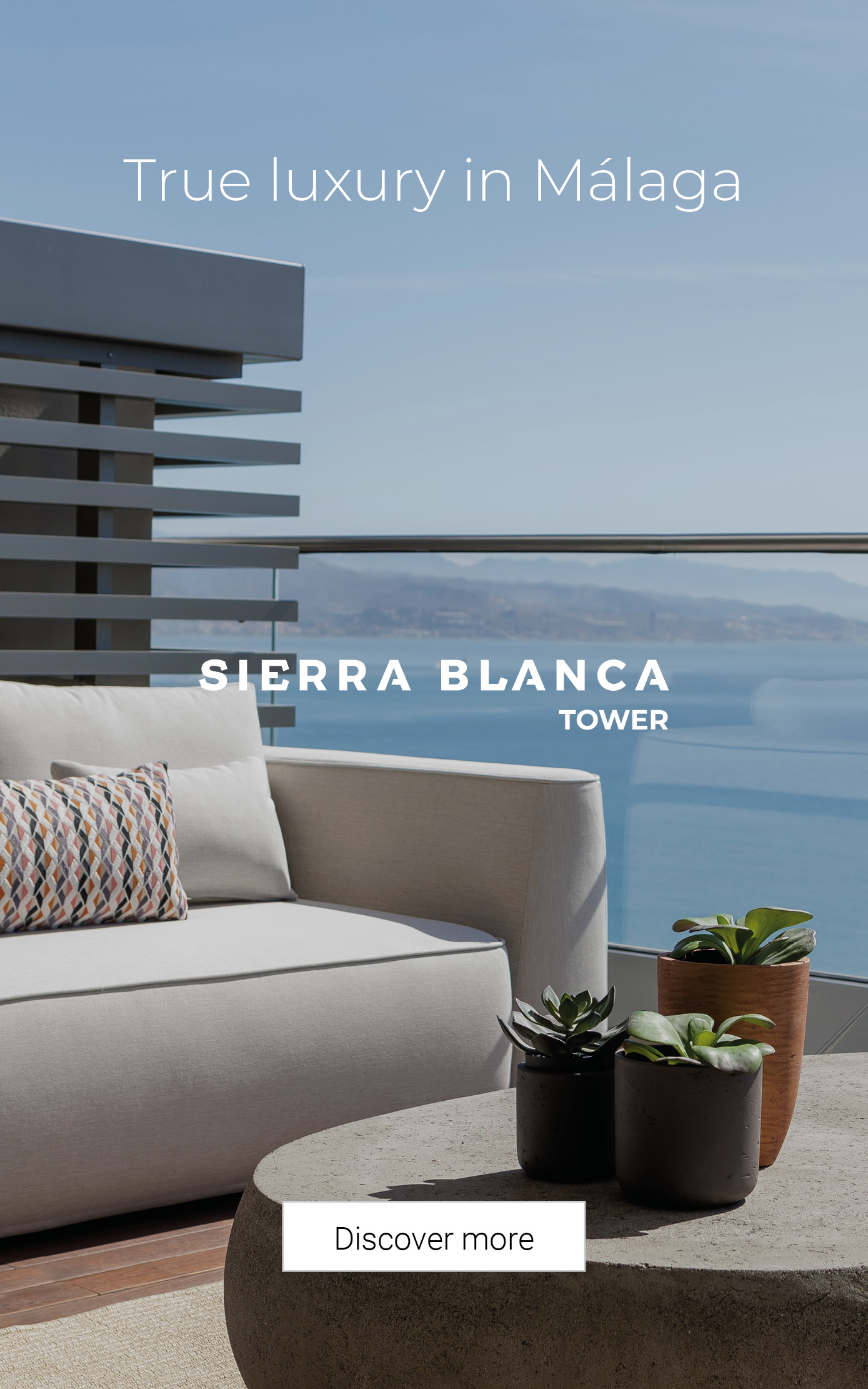 Malaga's first ultra-luxury residences. Sierra Blanca Tower is located on Paseo Marítimo Antonio Banderas, the seafront boulevard in west Malaga that skirts a residential area undergoing significant re-development. The tower sits on a frontline beach plot of 50,000m2 with panoramic views across the city and Mediterranean coast and within easy reach of the city’s many attractions.