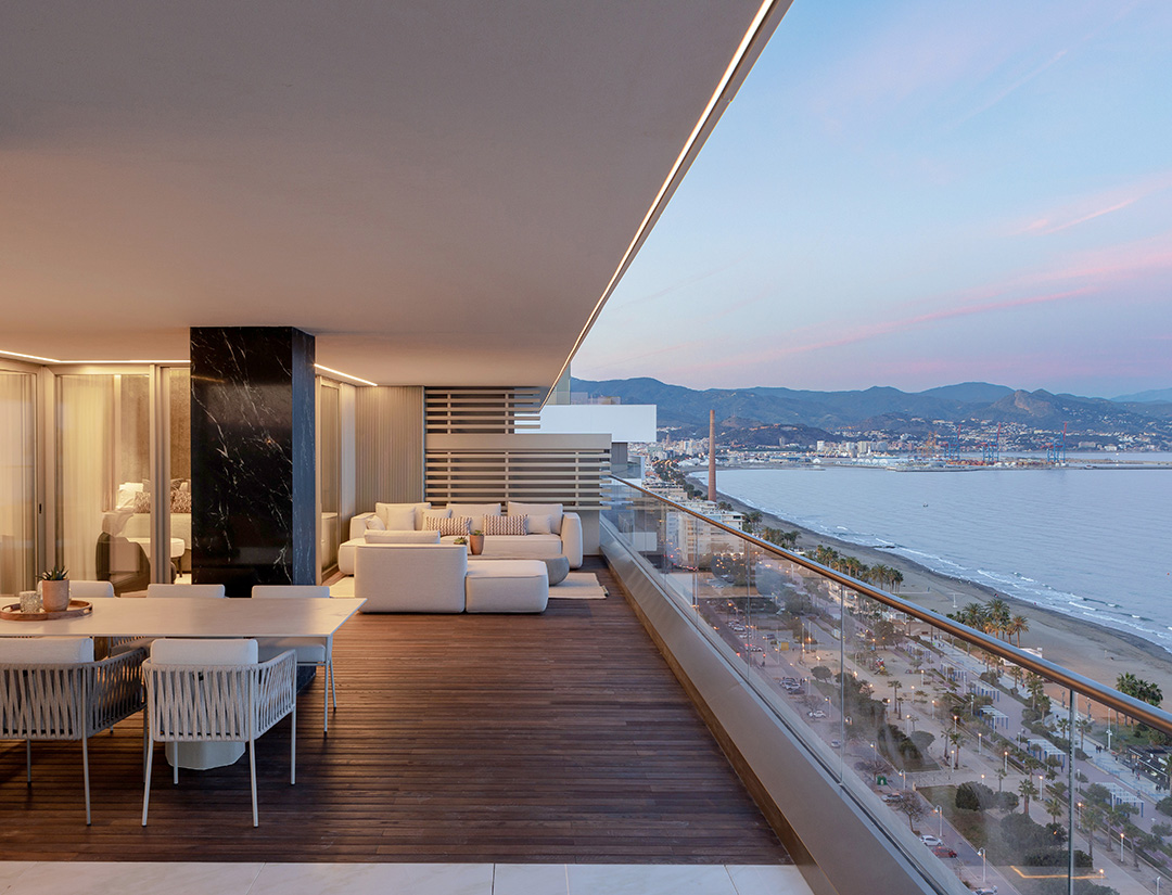 Vistas terraza. Sierra Blanca Tower es un proyecto único de viviendas de lujo que cambiarán el skyline de Málaga y aeropuerto. El proyecto combina una perfecta armonía entre la luz, el color y el mar mediterráneo. Por su ubicación en primera línea de la playa, todos los apartamentos tienen vistas al mar y están perfectamente conectados con el centro, el aeropuerto, la autovía y multitud de espacios para disfrutar del clima y el aire libre. Todo a un paso del mar. El proyecto ofrece espacios amplios y llenos de luz, primeras calidades y materiales nobles, todo unido a una oferta única en Málaga de servicios comunitarios exclusivos como gimnasio, SPA, guardería, ludoteca, pool bar, solárium, espacio de co working…todo esto a solo un click en la app exclusiva de Sierra Blanca Tower.